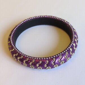 Hot Pink Floral Bangle Bracelet Shimmer Sparkle Flower Pattern Gold Tone Boho